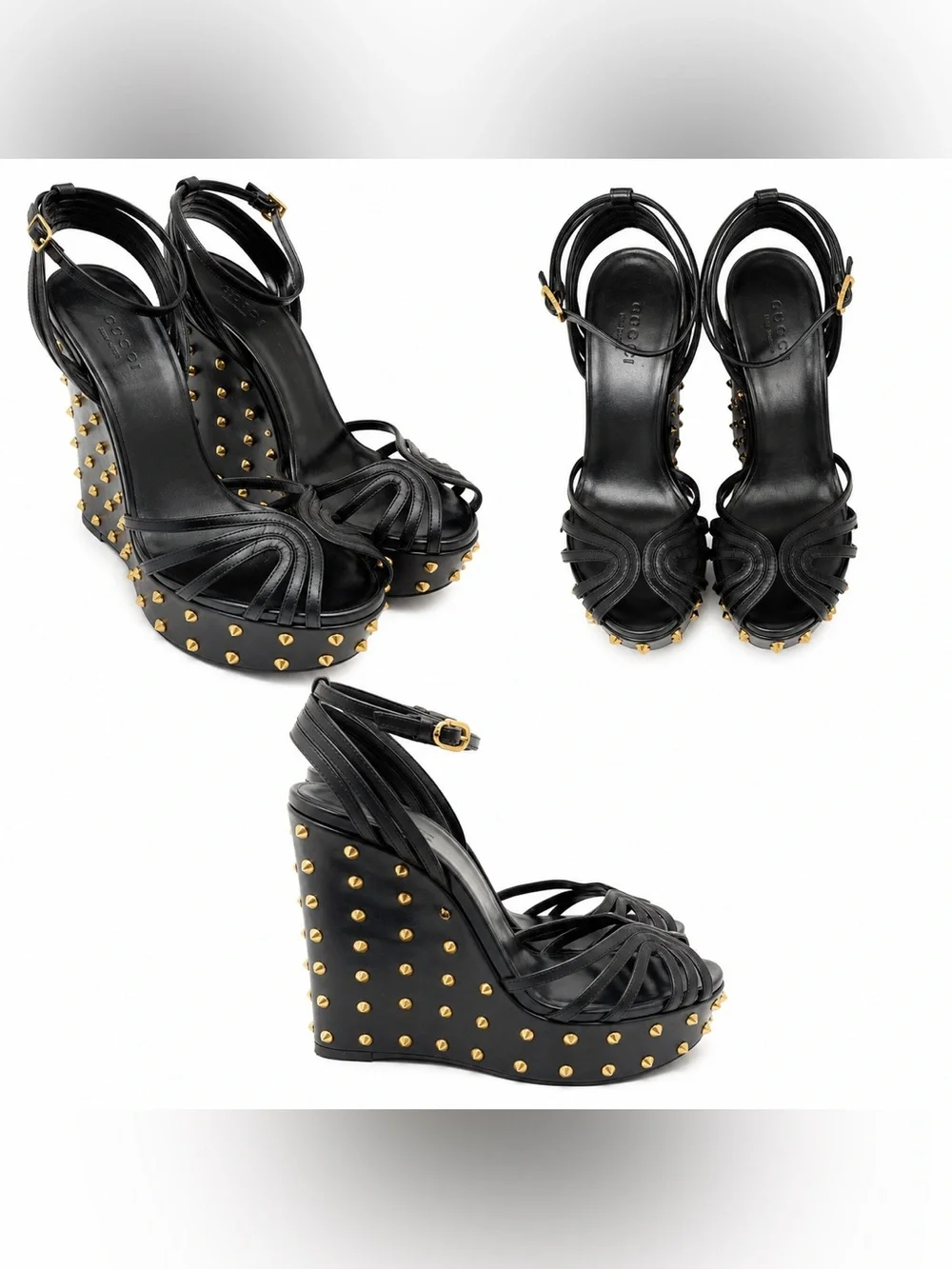 Gucci Black Leather Gold-Stud Wedge Sandals